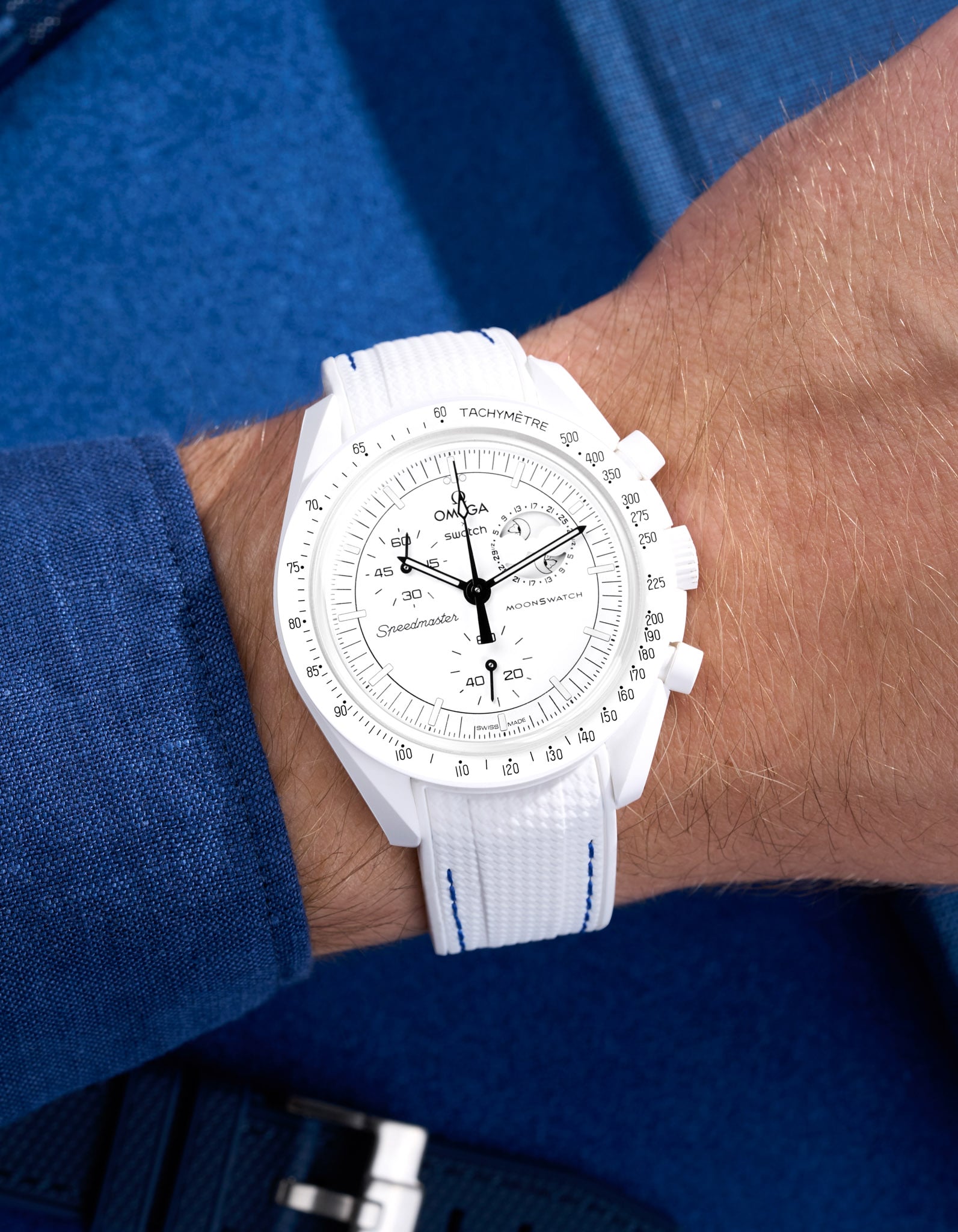 Curved Vertech Rubber Strap - White & Blue Stitches