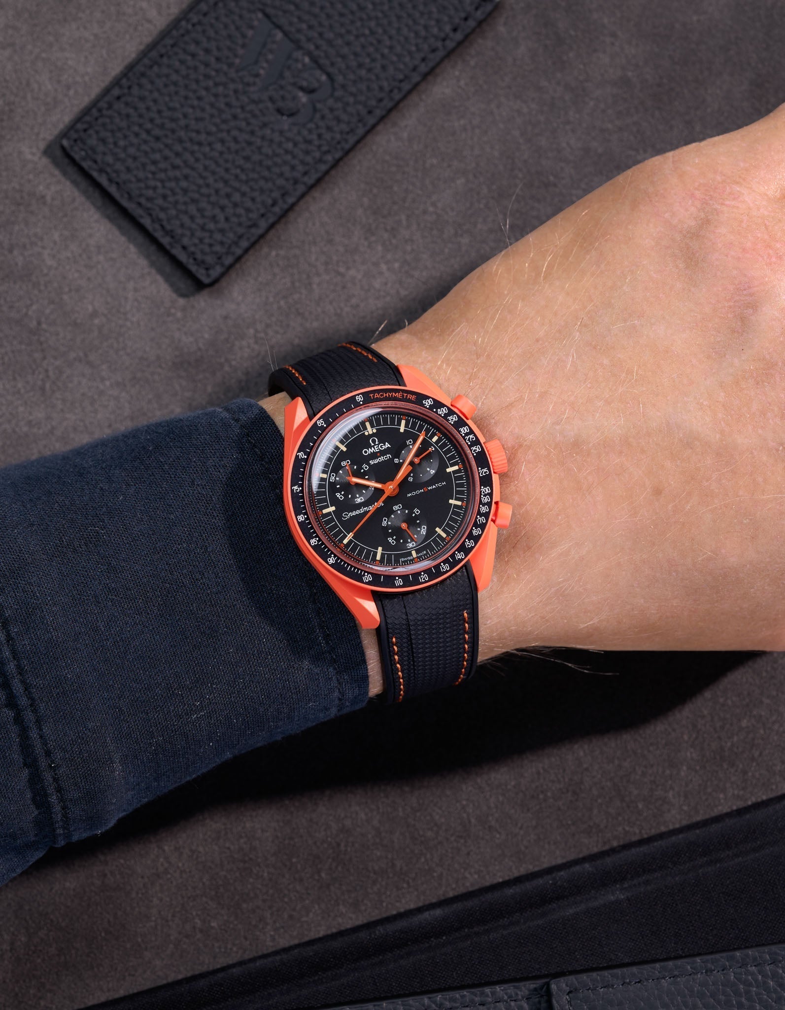 Curved Vertech Rubber Strap - Black &amp; Orange Stitches