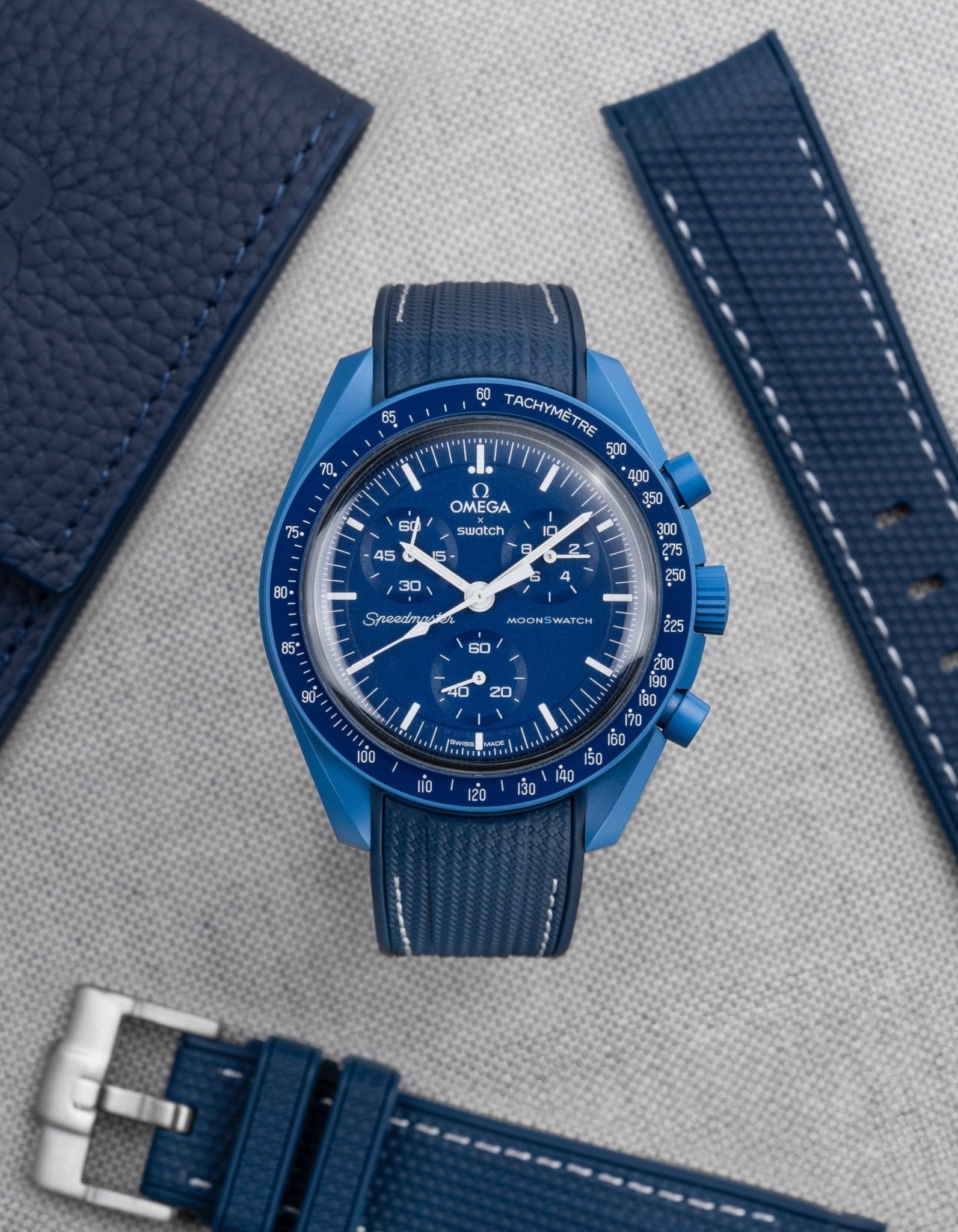 Curved Vertech Rubber Strap - Blue &amp; White Stitches