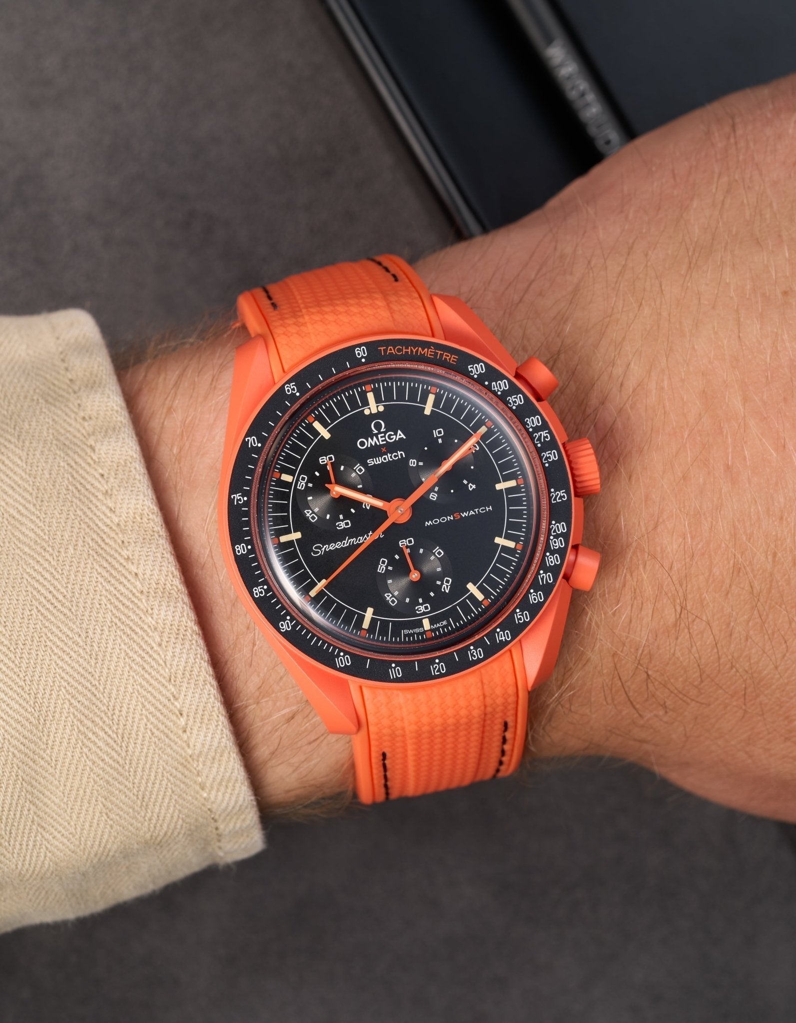 Curved Vertech Rubber Strap - Lava Orange &amp; Black Stitches