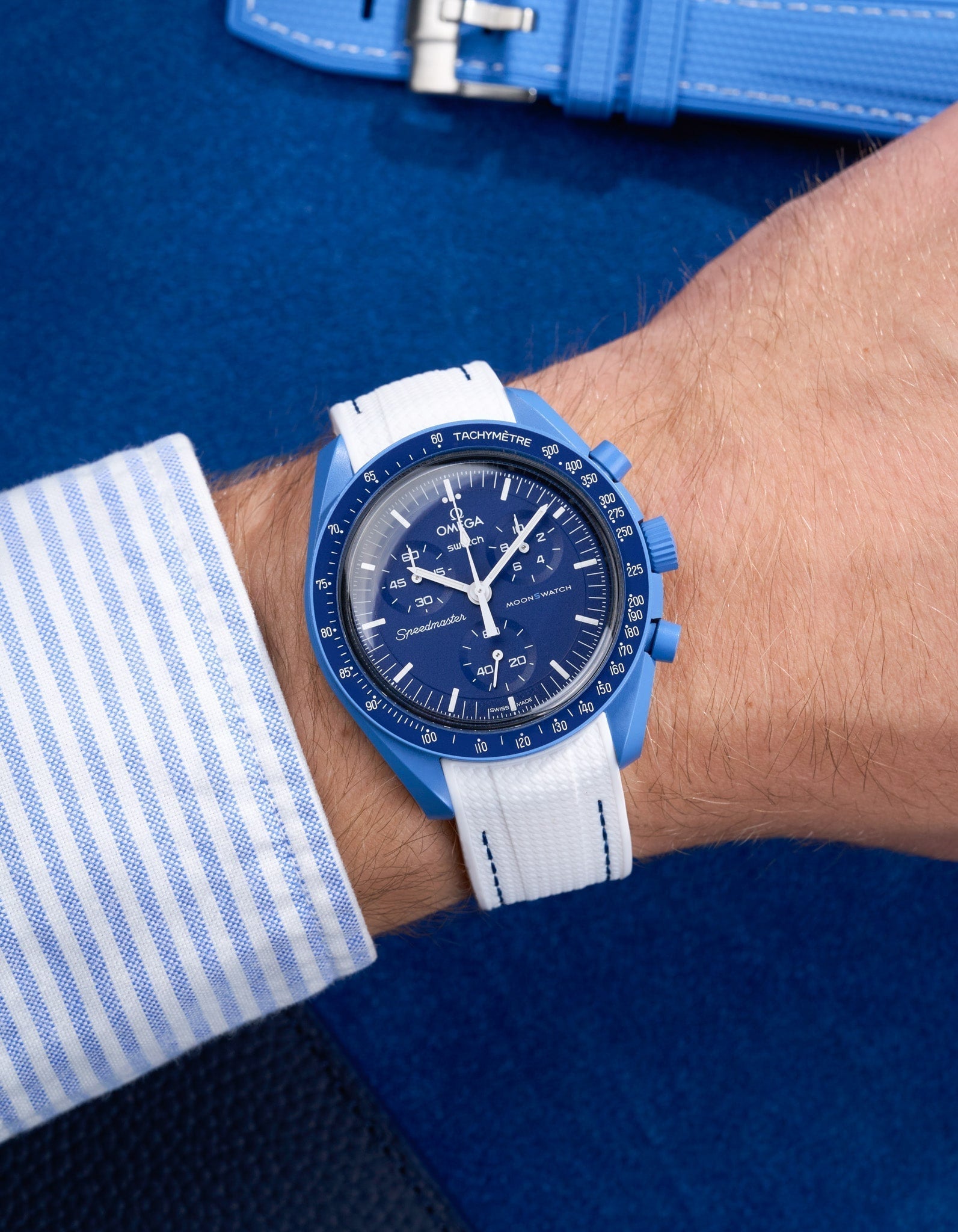 Curved Vertech Rubber Strap - White &amp; Blue Stitches