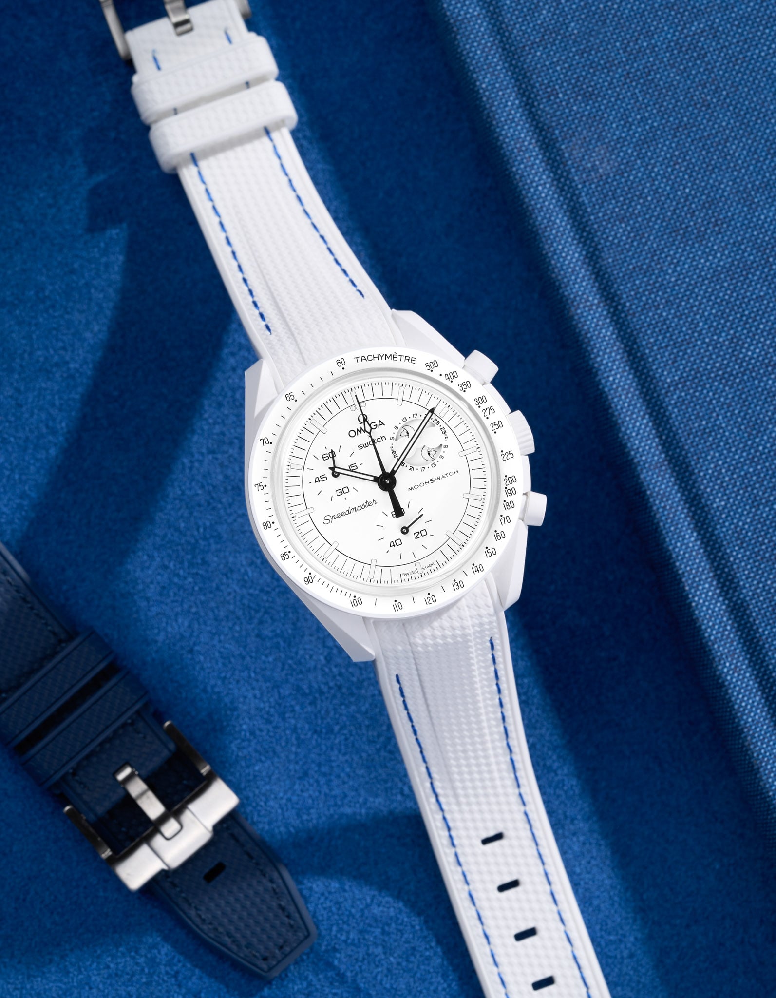 Curved Vertech Rubber Strap - White &amp; Blue Stitches