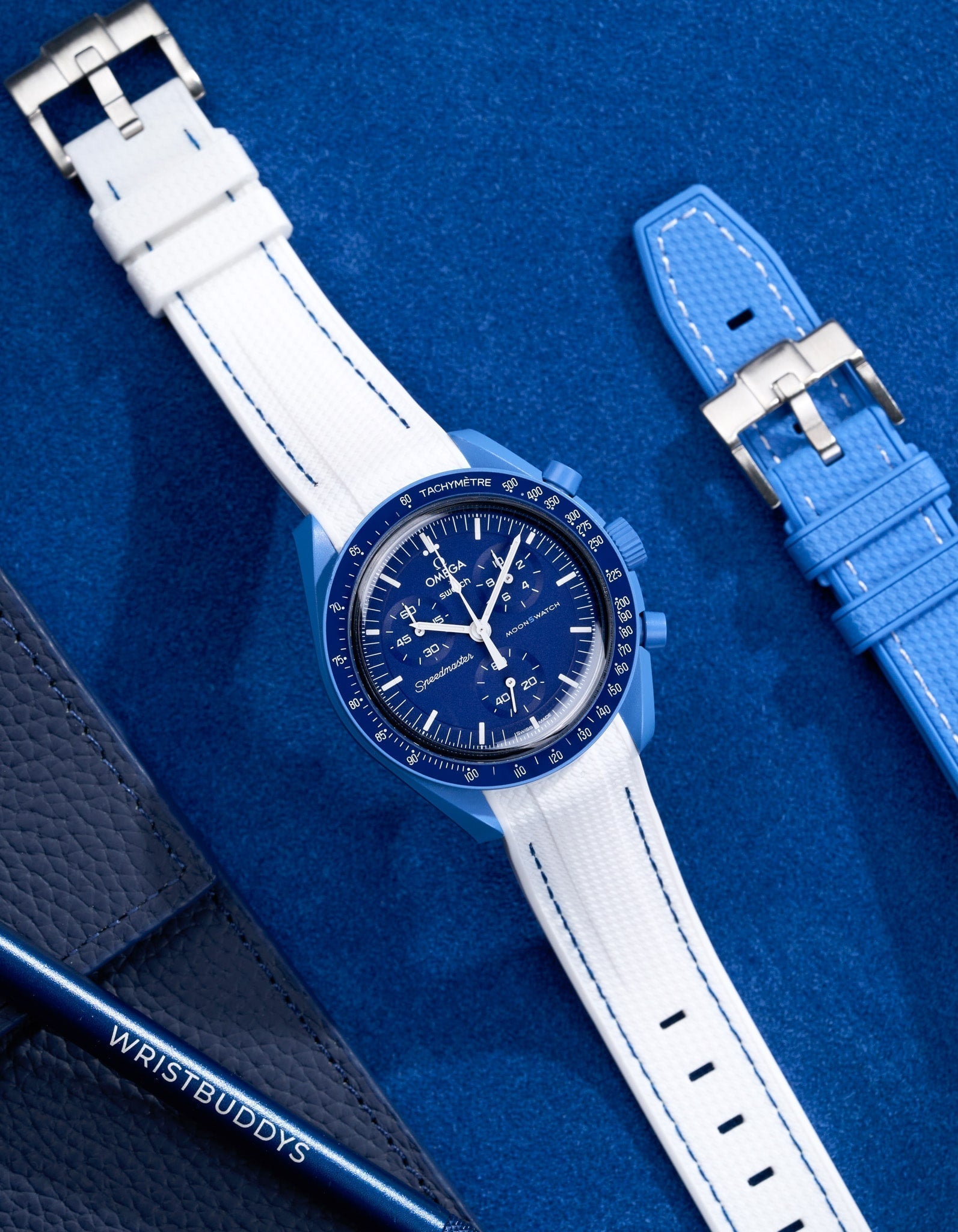 Curved Vertech Rubber Strap - White &amp; Blue Stitches