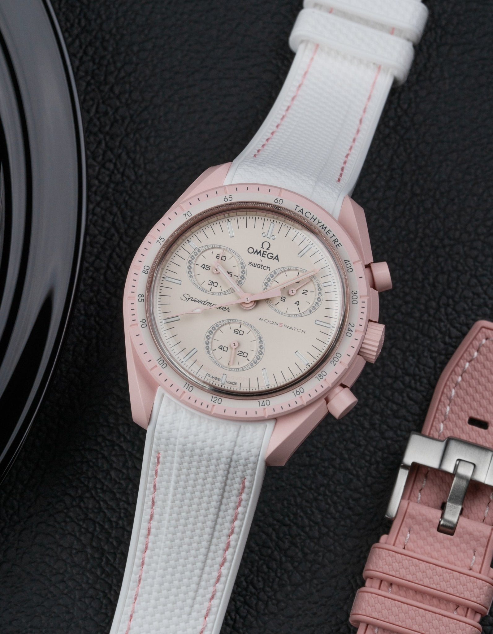 Curved Vertech Rubber Strap - White &amp; Pink Stitches